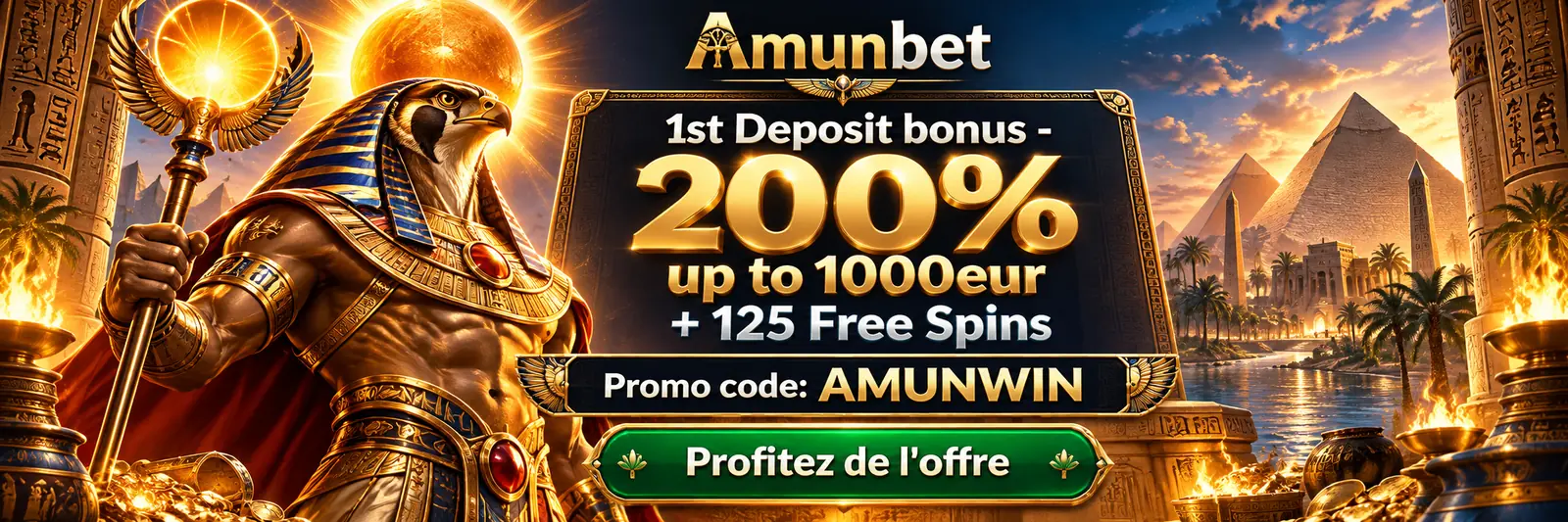 Bonus de 1er dépôt Amunbet : 200 % jusqu'à 1 000 € + 125 tours gratuits avec le code AMUNWIN