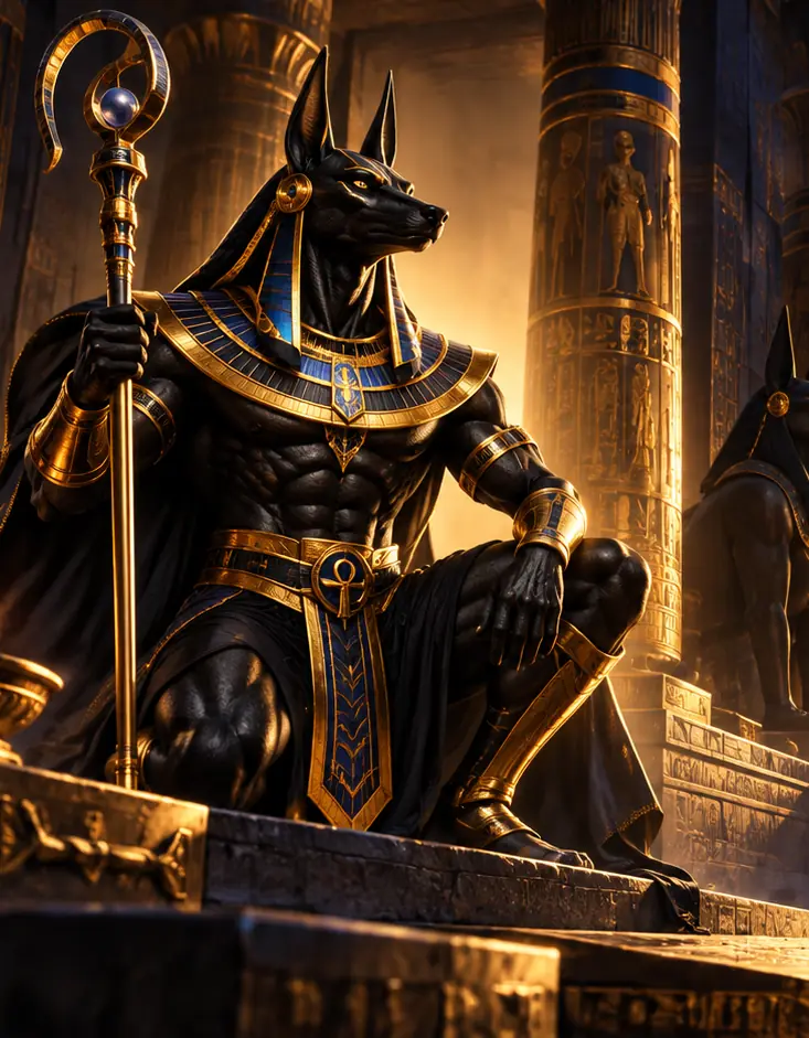 Anubis dans un temple égyptien doré, visuel Amunbet