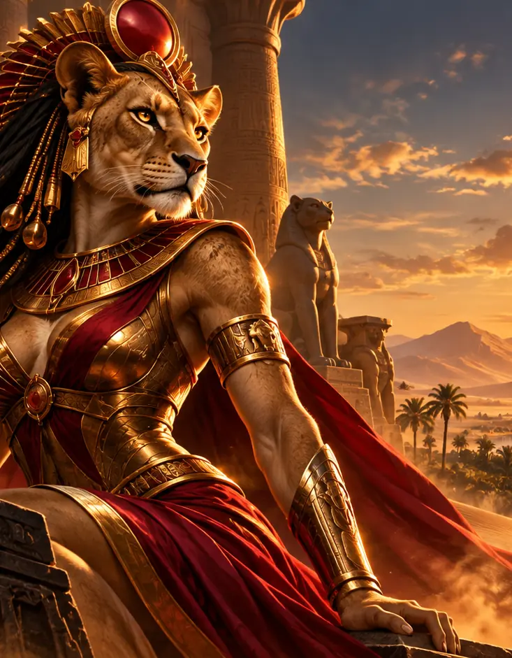 Sekhmet en robe rouge au coucher du soleil, visuel Amunbet