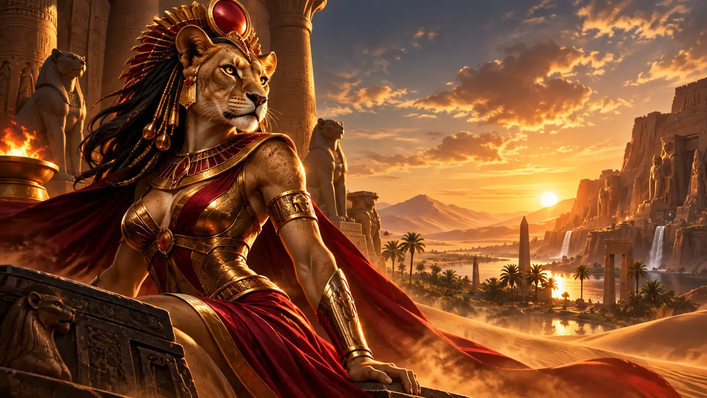 Sekhmet assise sur un trône face au Nil, visuel Amunbet